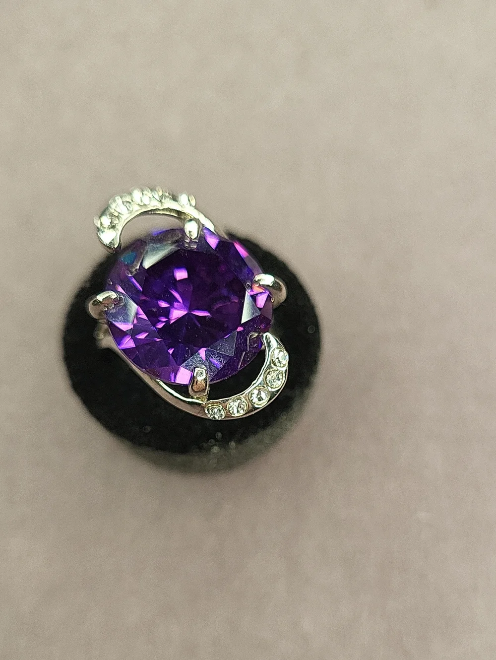 Silver Purple Crystal Cocktail Ring with Clear Accent Stones